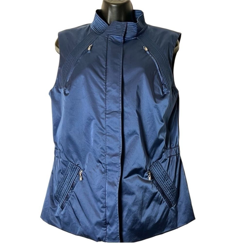 St. John Sport Sateen Nylon Full Zip sleeveless vest relaxed 12 Navy Blue Large